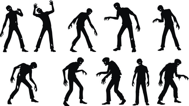 Scary Silhouette Collection of Undead Zombies Walking and Reaching in Creepy Poses for Halloween Horror Concept and Spooky Thriller Design Isolated on White Background