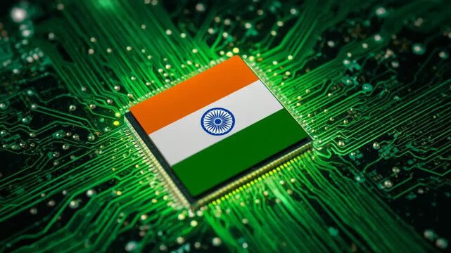 Indian Flag Microchip Centered on a Detailed Green Circuit Board technology