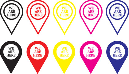 Set we here location vector icon. are you here with map icon. Location pin. Location icon set, Map pin place marker. location pointer icon symbol in flat style. Start Here Map Icon Set &ndash; Location Pin,