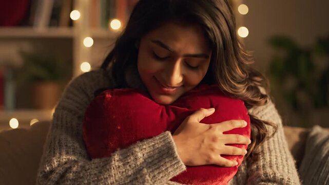 Serene woman embracing red heart pillow in warm cozy home