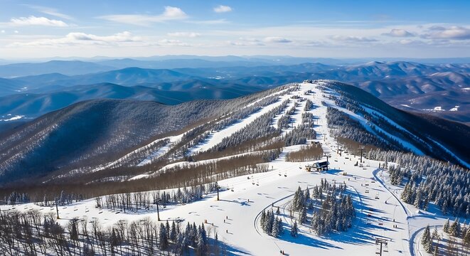 Aerial view of a snow-covered mountain resort with ski slopes and chairlifts.