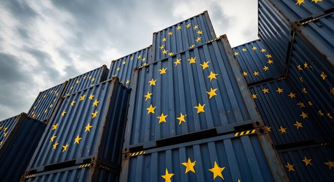 Blue shipping containers with yellow stars of the European Union, symbol of European single market