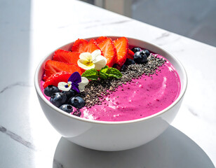 A vibrant pink smoothie bowl topped with fresh strawberries, blueberries, and edible flowers on a white marble countertop