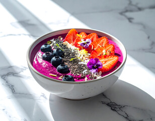 A vibrant and healthy breakfast bowl filled with a purple smoothie, topped with fresh fruits and edible flowers on a marble countertop.