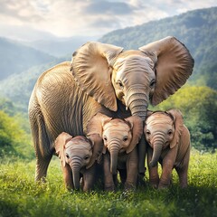 Fototapeta premium A large elephant stands protectively in front of three young elephants in a grassy field with a lush green forest and misty mountains in the background under a soft
