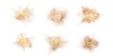 Plakat Dust brown powder with flying sand particles, dust haze cloud overlay texture, random sandy-smoke splashes vector set