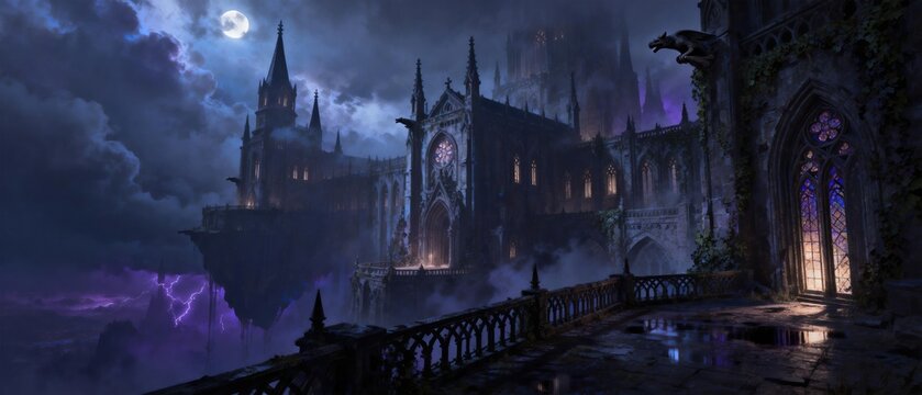 Gothic fantasy castle floating above storm clouds under moonlight, idea for dark medieval architecture, mystical kingdom environment, dramatic night sky, and epic cinematic fantasy world