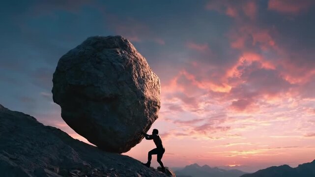 A person struggling to push a giant boulder up a steep hill