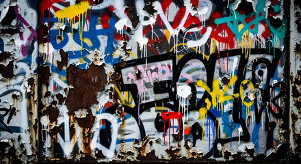 Fototapeta premium Abstract urban texture composition combining layers of peeling rusty metal and vibrant spray paint graffiti tags. Grunge aesthetic, decay meets street art, rough and colorful.