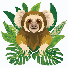 Cartoon lemur surrounded by green tropical foliage © asepmans