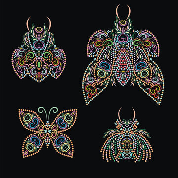 Colorful colored butterflies and beetles made of small beads. Design for jewelry and costume jewelry. Vector set
