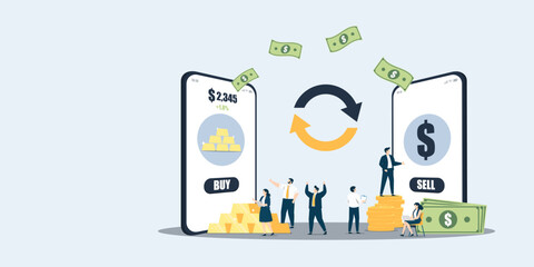 People buy and sell gold using mobile phones. Features gold bars, stacks of coins, and cash with a circular exchange arrow. Focuses on digital investment and wealth management.