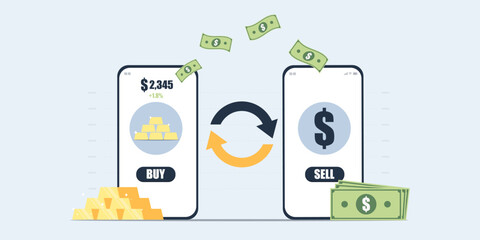 A flat digital artwork of a mobile app for trading gold. Features two smartphones with "Buy" and "Sell" buttons, gold bars, stacks of cash, and circular arrows representing exchange.
