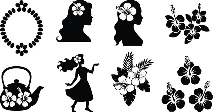ibiscus flower silhouette illustration set, tropical lei necklace, female profile, teapot design, bouquet, cultural art, Hawaiian floral concept