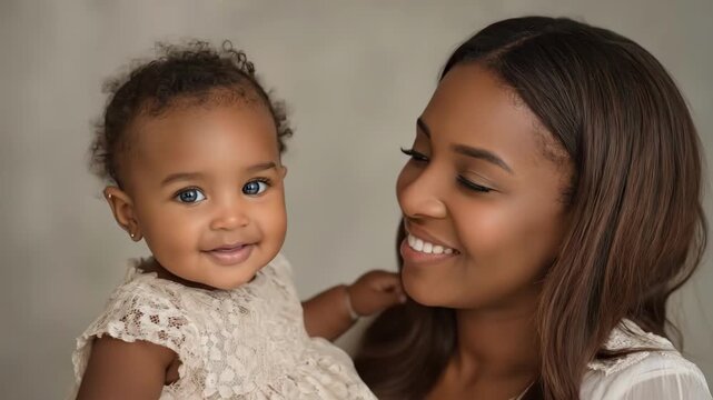 Mother and baby. A beautiful image of a mother and her child. The baby is smiling, and the mother is looking at her baby with love and affection. The bond between them is evident