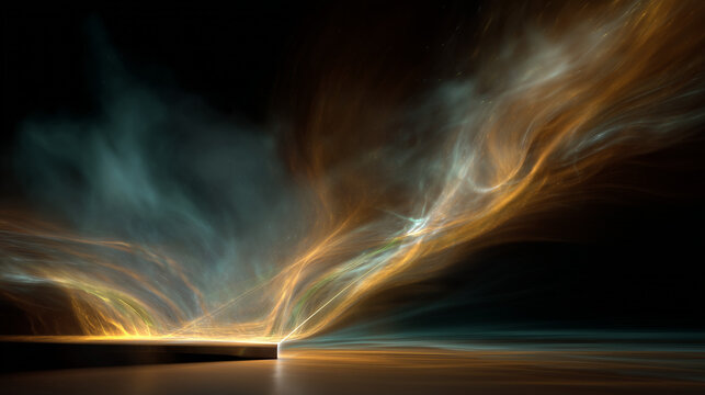 Thin metal sheets lifted by celestial golden photonic winds in space.