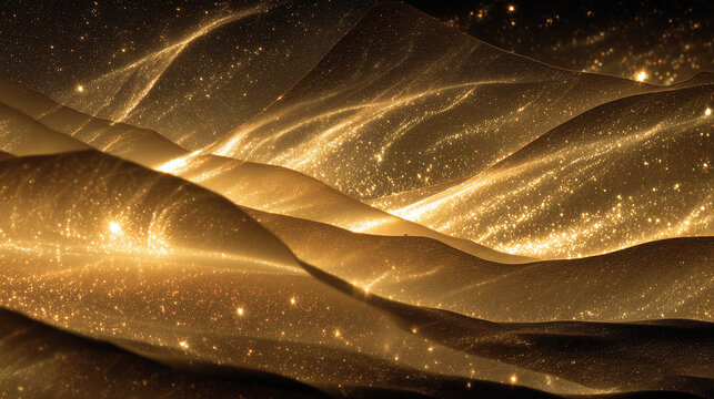 Thin metal sheets lifted by celestial golden photonic winds in space.