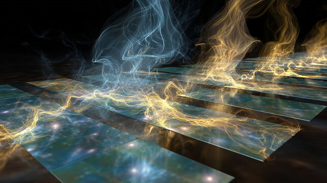 Thin metal sheets lifted by celestial golden photonic winds in space.