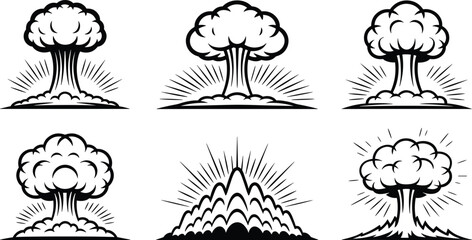 Mushroom cloud silhouettes, explosion vector illustration, nuclear blast icons, destructive power graphics, impact burst art, dramatic explosion silhouettes collection