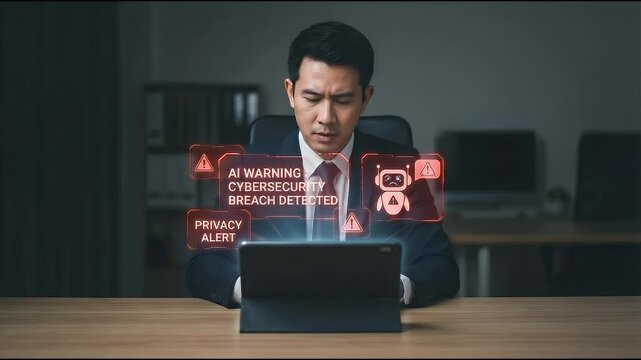 Depicting an AI chatbot warning presented as alarming red holograms above a businessmans tablet, with center composition and copy space to convey urgency about cybersecurity and privacy breaches.