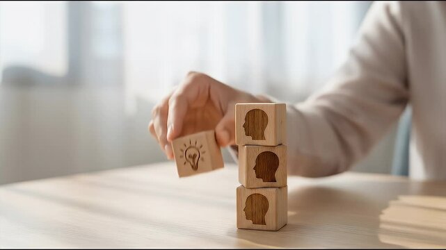 Close-up of a hand placing a wooden cube with a light bulb icon on top of stacked blocks featuring head silhouettes, subtle alignment motion with slow cinematic push-in, soft neutral lighting and shal