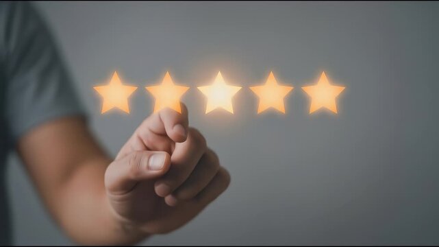 Close-up of a hand extending forward to tap the fifth glowing star in a horizontal rating row, subtle fingertip interaction with slow cinematic push-in, neutral background and shallow depth of field f