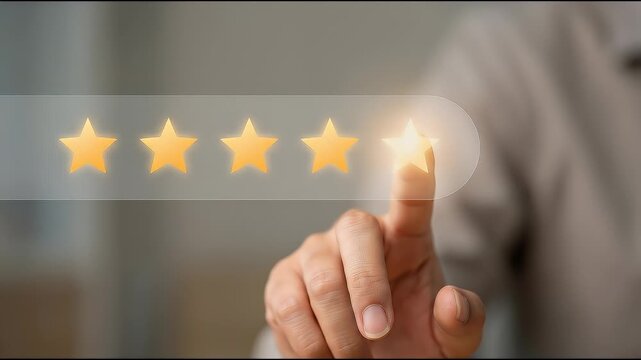 Close-up of a hand extending forward to tap the fifth glowing star in a horizontal rating row, subtle fingertip interaction with slow cinematic push-in, neutral background and shallow depth of field f