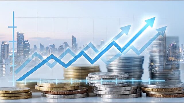 Static close-up of stacked coins in front of a faint city skyline double exposure with a rising line chart overlay, no movement with steady framing, cool high key lighting and shallow depth of field, 