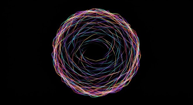 Multicolored intricate lines form a glowing sphere against a deep black background