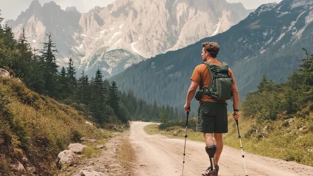 Young man with prosthetic leg hikes along dirt road in mountainous terrain under cloudy skies