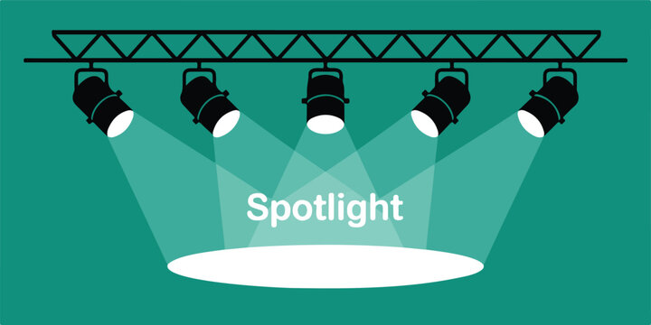 A minimalist graphic design illustration of five black stage spotlights mounted on a black triangular truss against a solid turquoise background.