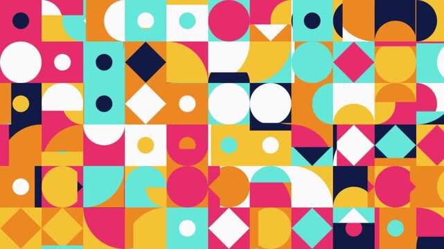 Abstract colorful geometric mosaic pattern animation with retro Bauhaus shapes