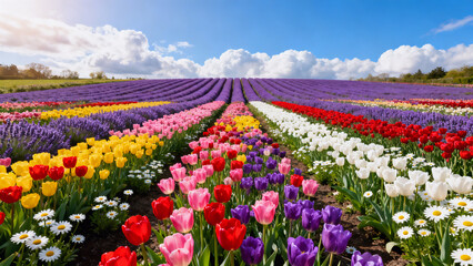 Fototapeta premium Beautiful blooming flower rows in spring farm field, floral landscape background