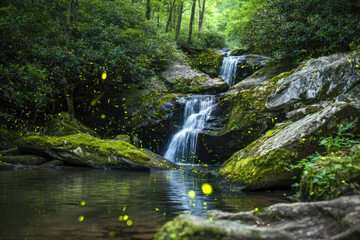 Obraz premium Serene forest waterfall cascading over moss-covered rocks surrounded by lush greenery and glowing fireflies illuminating the tranquil water pool below at dusk