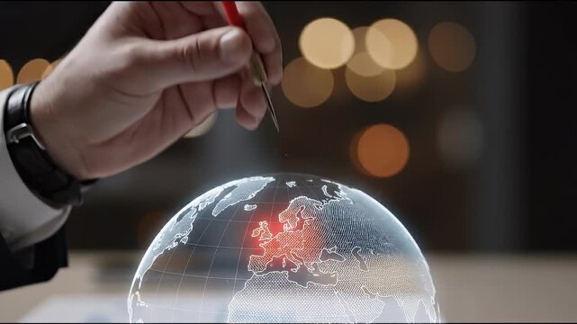 Close-up of a professional holding a red dart above a translucent globe graphic, subtle downward motion positioning the dart at a highlighted location, slow cinematic push-in with dark background and 