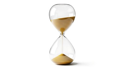 Classic hourglass timer with flowing golden sand on white background