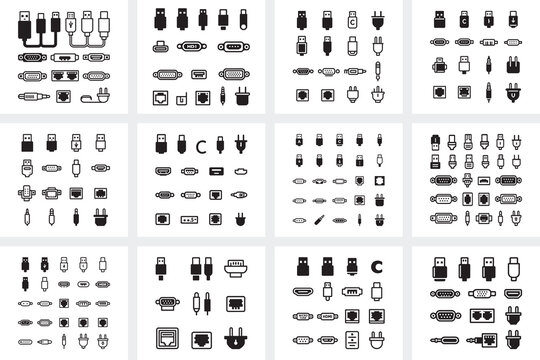 USB Cable Connector and Port Icon Set Black and White Technology Collection Pack Bundle