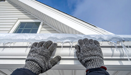 A person's gloved hands touching a snow-covered gutter on a house with icicles hanging from it