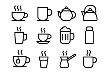 Minimalist outline icons of hot beverages and teapots in various forms