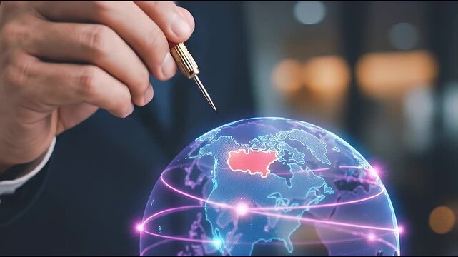 Close-up of a professional holding a red dart above a translucent globe graphic, subtle downward motion positioning the dart at a highlighted location, slow cinematic push-in with dark background and 