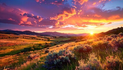 Dramatic Sunset Over Rolling Hills and Scrubland with Vibrant Colors