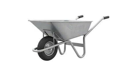 Silver Wheelbarrow with Black Handles and Wheel on White Background