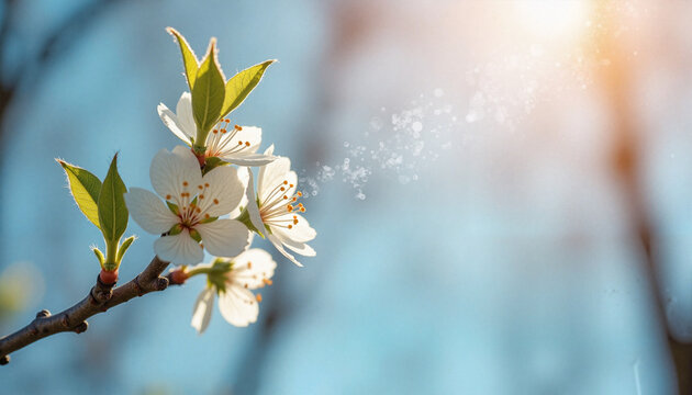 Cherry Blossom Releasing Pollen in Sunlight &ndash; Spring Allergy Concept