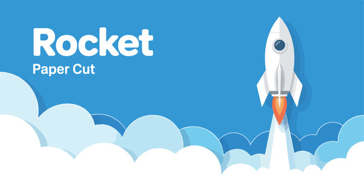 A minimalist paper cut-out style illustration of a white rocket ship launching against a bright blue sky.