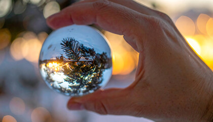 A hand holding a crystal ball with a reflection of a pine tree and sunset inside, surrounded by blurred lights