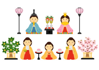 雛祭りの五人飾りのイラストのセット