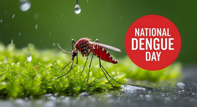 An Aedes aegypti mosquito on green moss with water droplets, celebrating "NATIONAL DENGUE DAY."