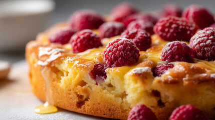 A close-up, hyper-realistic image of a freshly baked lemon-raspberry ricotta cake. The cakes golden, slightly textured surface is studded generously with whole, plump fresh raspbe