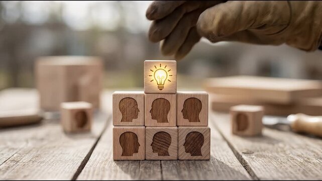 Close-up of a hand placing a wooden cube with a light bulb icon on top of stacked blocks featuring head silhouettes, subtle alignment motion with slow cinematic push-in, soft neutral lighting and shal