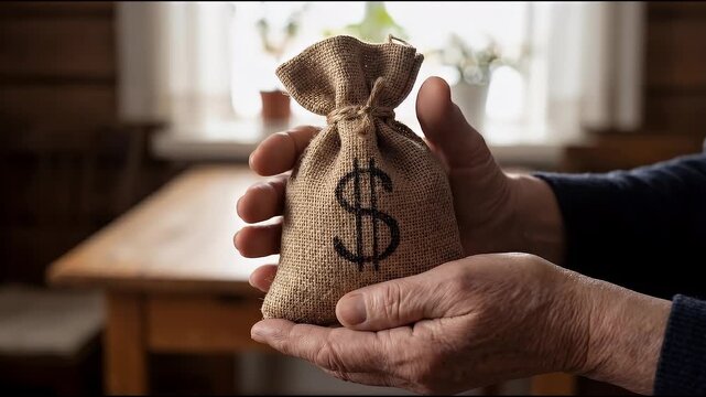 Close-up of a person holding a small burlap money bag with a dollar symbol in both hands, subtle hand stabilization with slow cinematic push-in, soft natural lighting and shallow depth of field for re